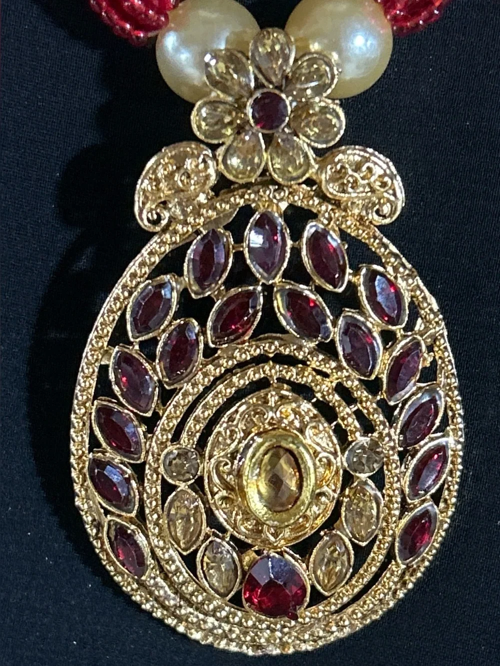 Red Beaded Gold Pendant Necklace - Women Jewelry